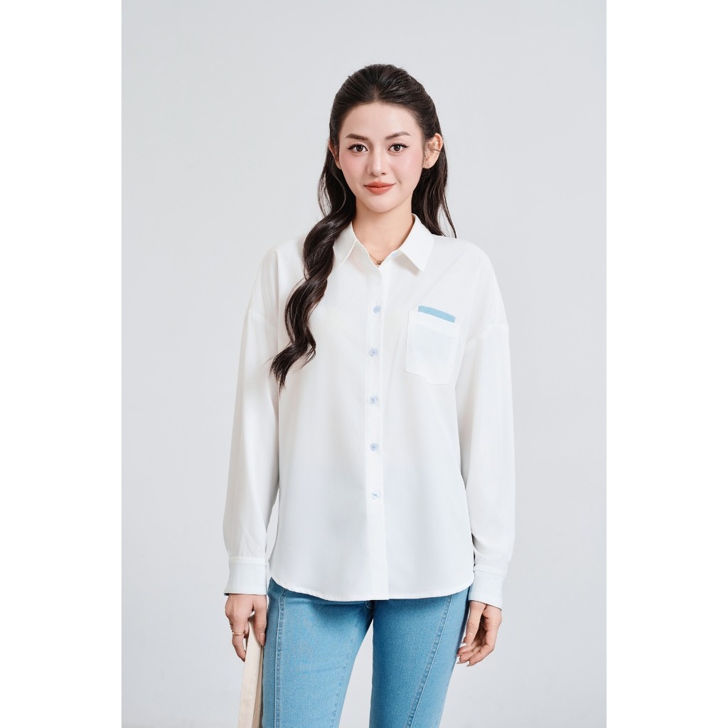Ảnh Áo Sơ Mi Nữ Dáng Suông Phối Denim VIEN TRAN V61H25Q009 2