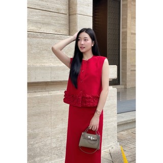 Áo Khoác Gile Dáng Suông Cổ Tròn Phối Chân Váy Dáng Dài Suông Xẻ Sau VIEN TRAN V65O25Q003 V62M25Q003