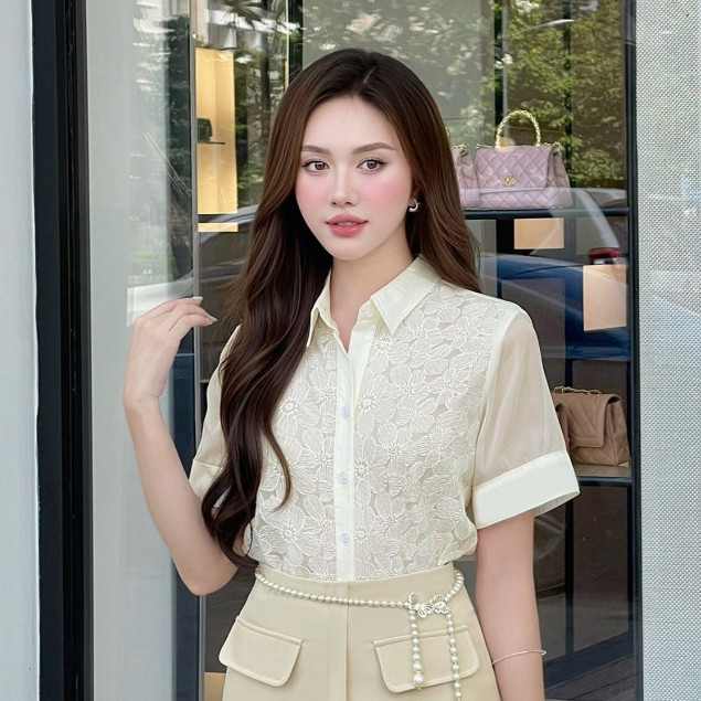 Ảnh Áo Sơ Mi Nữ LAMER Tay Ngắn Phối Ren Cổ Đức Áo Kiểu Công Sở Nữ L61H24H035 4