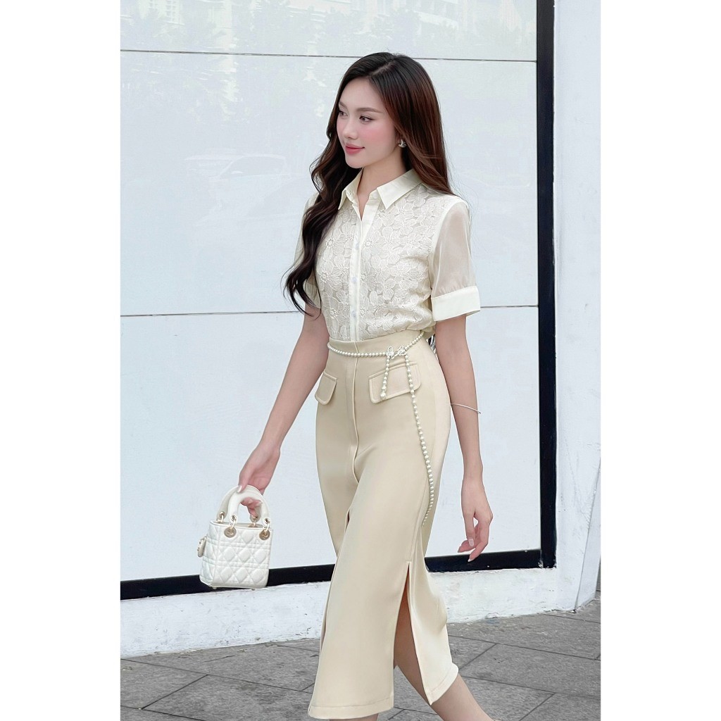 Ảnh Áo Sơ Mi Nữ LAMER Tay Ngắn Phối Ren Cổ Đức Áo Kiểu Công Sở Nữ L61H24H035 3