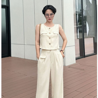 Áo Sát Nách LAMER Dáng Croptop Cổ Tròn Phối Quần Suông Dáng Rộng Cạp Cao V65D24H058, V64W24Q016