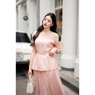 Áo ren vai chờm, dây eo phối Chân váy ren xòe, cạp chun, Thắt lưng rời LAMER L62L25H001, L61B25H005