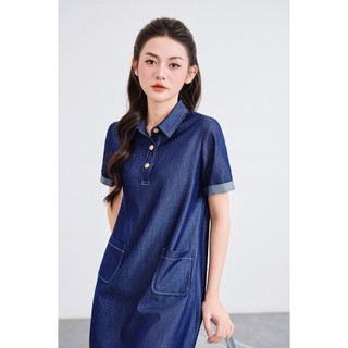 Đầm suông nữ cổ bổ trụ túi ốp jean lụa VIEN TRAN V63T25H005