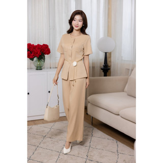 Áo Kiểu Công Sở Nữ Cổ Tròn Cài Cúc Phối Quần Ống Rộng LAMER O65D25Q002 O64W25Q002 (không có thắt lưng)