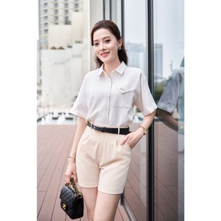Áo Sơ Mi Dáng Rộng Ngắn Tay Áo Sơ Mi Kẻ Sọc Trẻ Trung LeH H61H25H001