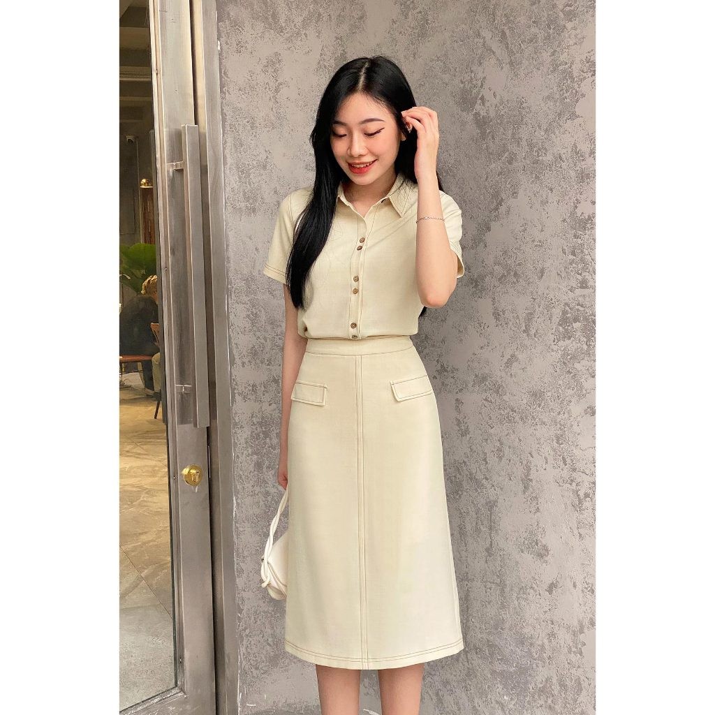 Ảnh Áo sơ mi nữ ngắn tay cổ đức diễu chỉ phối chân váy bút chì dáng dài VIEN TRAN V61H24H003 V61H24H003 3