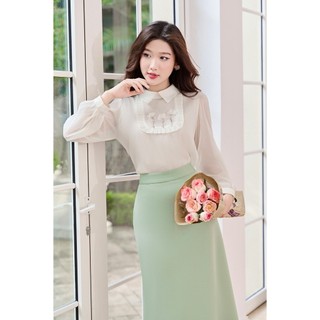 Áo Sơ Mi Nữ LAMER Dài Tay Dáng Suông, Áo Sơ Mi Lụa Công Sở Bèo Ngực Đính Hoa L61B24Q023