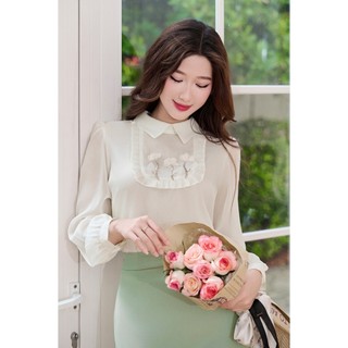 Áo Sơ Mi Nữ LAMER Dài Tay Dáng Suông, Áo Sơ Mi Lụa Công Sở Bèo Ngực Đính Hoa L61B24Q023