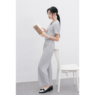 Áo Sơ Mi Cổ Tim Cài Cúc Túi Giả Phối Quần Ống Rộng Xếp Ly Bung VIEN TRAN V65D24H003, V64W24Q003