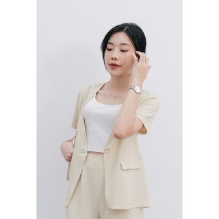 Áo Blazer Nữ Cổ V Tay Ngắn Phối Quần Short Cạp Liền Vải Dày Dặn VIEN TRAN V64S24H002,V65D24H017