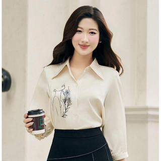 Áo Sơ Mi Nữ LAMER Tay Lửng Thêu Hình Cô Gái, Sơ Mi Lụa Thời Trang Công Sở L61H25Q003