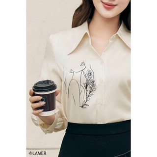 Áo Sơ Mi Nữ LAMER Tay Lửng Thêu Hình Cô Gái, Sơ Mi Lụa Thời Trang Công Sở L61H25Q003