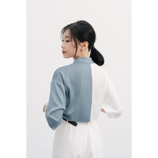 Áo Sơ Mi Nữ Phối 2 Màu Cá Tính Sơ Mi Lụa Dài Tay Năng Động Thanh Lịch VIEN TRAN V61H24Q015