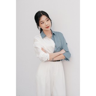Áo Sơ Mi Nữ Phối 2 Màu Cá Tính Sơ Mi Lụa Dài Tay Năng Động Thanh Lịch VIEN TRAN V61H24Q015