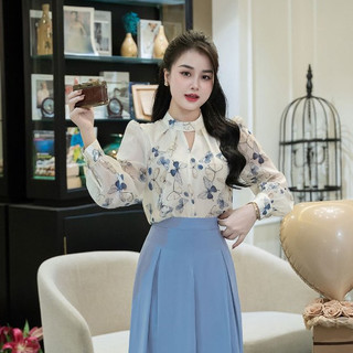 Áo nữ cổ tàu LAMER dáng suông tay bồng, áo sơ mi công sở điệu đà thanh lịch O61B24H008, O61B24Q015, L61B25Q002