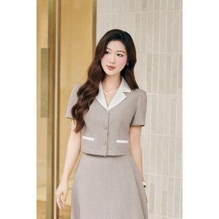 Set Áo Sơ Mi Croptop Phối Chân Váy Chữ A Xoè Dài Ngang Gối LAMER O65D24H009, O62L24Q010