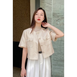 Áo khoác dạ tweed tay ngắn túi ốp VIEN TRAN V65W23T015