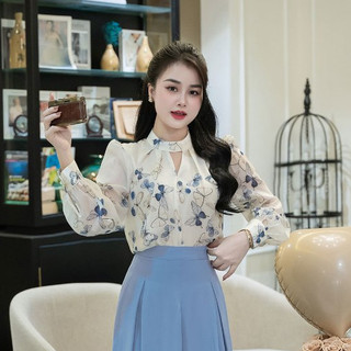 Áo sơ mi nữ LAMER cổ tàu tròn xếp ly, tay dài O61B24Q015