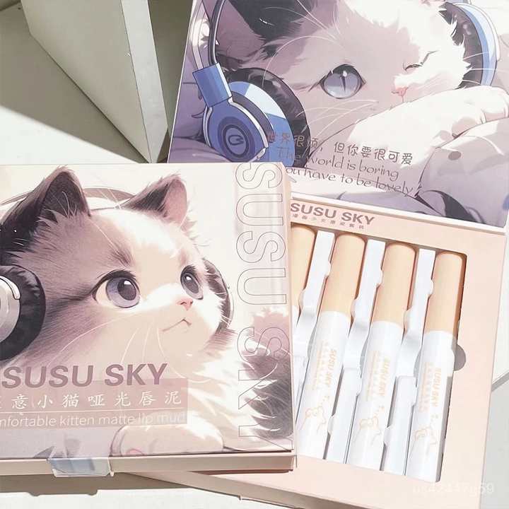 【Bộ sáu】Bộ son môi Little Kitten Lip Mud, son lì không phai màu, bộ son môi không trang điểm cho sinh viên tiệc tùng