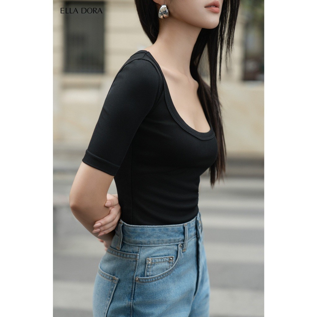 Áo thun nữ ELLA DORA cổ tròn dáng ôm cộc tay thiết kế trẻ trung thanh lịch 2 màu ĐEN/TRẮNG [AT17]