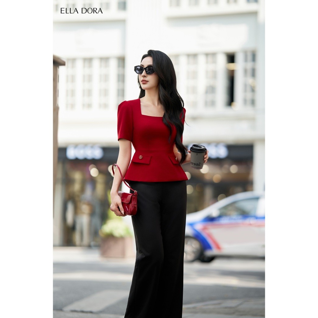 Áo peplum nữ ELLA DORA cổ vuông tay ngắn phối 2 nắp túi form gọn tôn eo thanh lịch sang trọng [AK32]