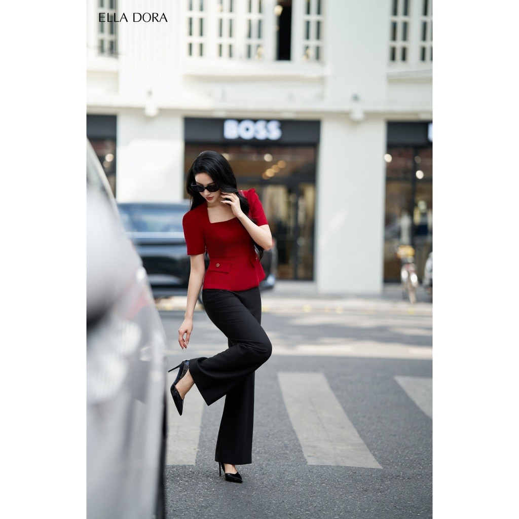 Áo peplum nữ ELLA DORA cổ vuông tay ngắn phối 2 nắp túi form gọn tôn eo thanh lịch sang trọng [AK32]