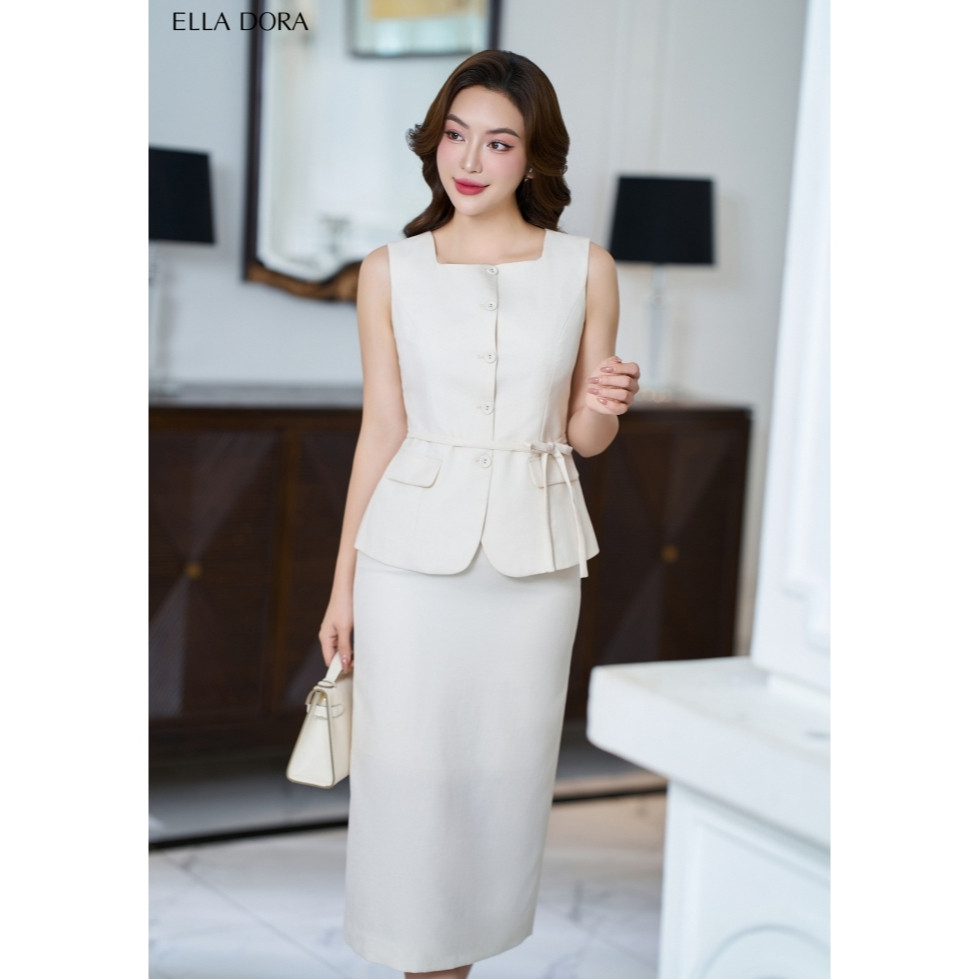 Set công sở nữ ELLA DORA áo cổ vuông phối nơ eo mix chân váy chữ A tôn dáng thanh lịch [AK15 +CV151]