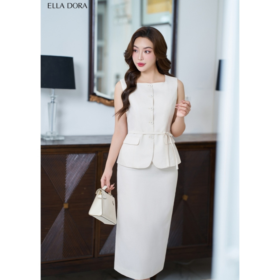 Set công sở nữ ELLA DORA áo cổ vuông phối nơ eo mix chân váy chữ A tôn dáng thanh lịch [AK15 +CV151]