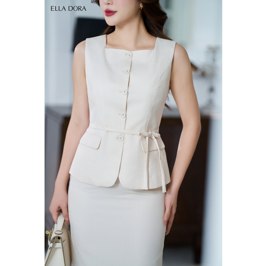 Set công sở nữ ELLA DORA áo cổ vuông phối nơ eo mix chân váy chữ A tôn dáng thanh lịch [AK15 +CV151]