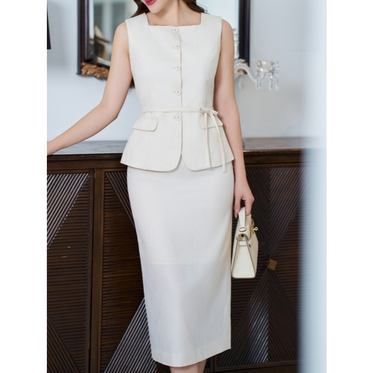 Set công sở nữ ELLA DORA áo cổ vuông phối nơ eo mix chân váy chữ A tôn dáng thanh lịch [AK15 +CV151]