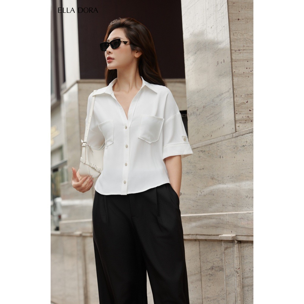 Áo sơ mi nữ ELLA DORA chất lụa thiết kế cổ V 2 túi dáng ngắn phong cách trẻ trung thanh lịch [SM158]