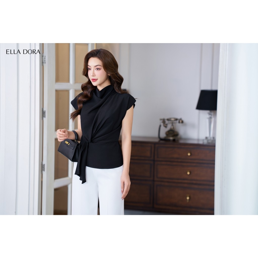 Áo sơ mi nữ ELLA DORA tay ngắn nhấn eo cách điệu dáng form gọn thanh lịch hai màu TRẮNG/ĐEN [SM118]