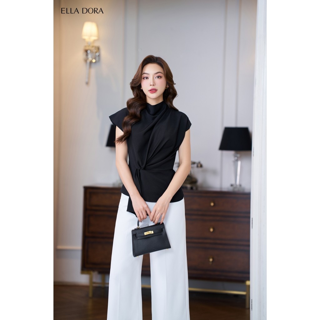 Áo sơ mi nữ ELLA DORA tay ngắn nhấn eo cách điệu dáng form gọn thanh lịch hai màu TRẮNG/ĐEN [SM118]