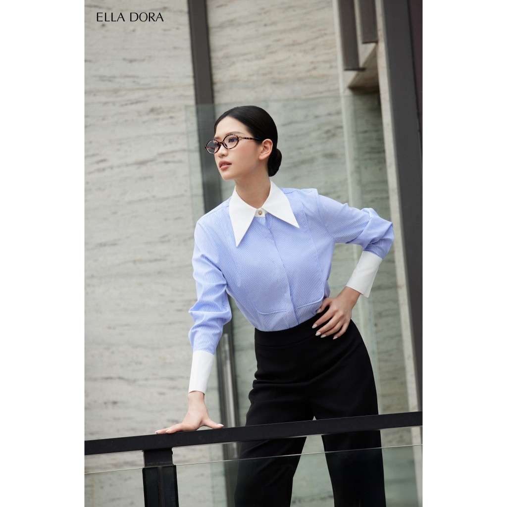 Áo sơ mi nữ ELLA DORA kẻ xanh phối cổ form dáng suông thanh lịch phong cách công sở [SM156]
