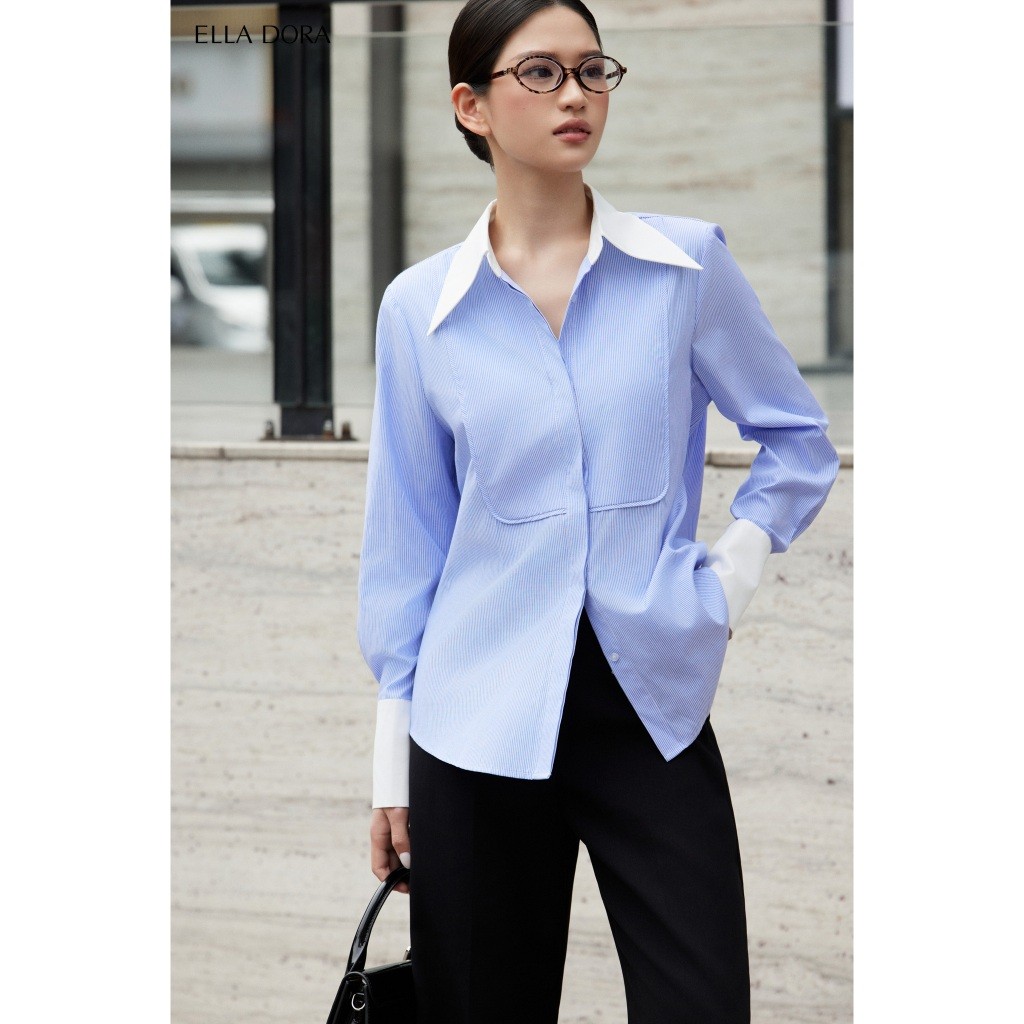 Áo sơ mi nữ ELLA DORA kẻ xanh phối cổ form dáng suông thanh lịch phong cách công sở [SM156]