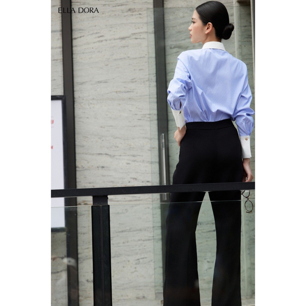 Áo sơ mi nữ ELLA DORA kẻ xanh phối cổ form dáng suông thanh lịch phong cách công sở [SM156]