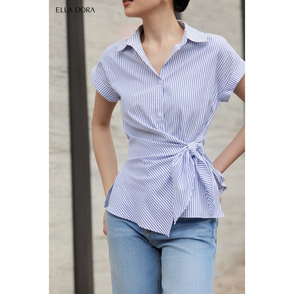 Áo sơ mi nữ ELLA DORA thắt nơ eo tạo dáng tay ngắn form gọn thanh lịch 2 màu TRẮNG/XANH [SM161]