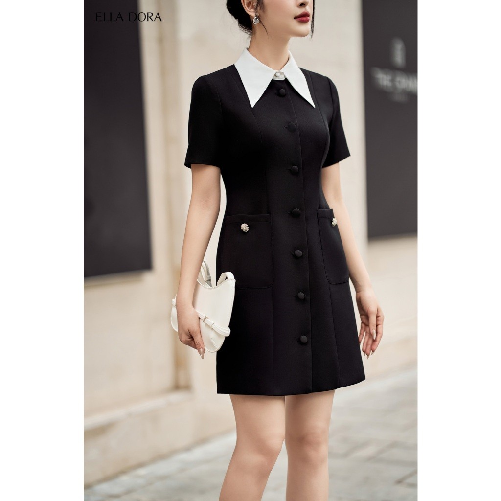 Đầm công sở ELLA DORA thiết kể ôm nhẹ tay ngắn cổ phối màu đen trắng thanh lịch nhẹ nhàng [D210]