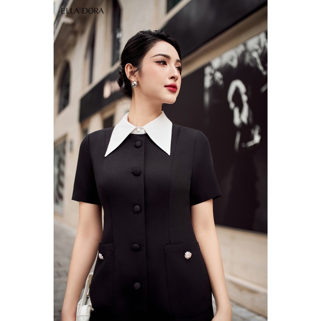 Đầm công sở ELLA DORA thiết kể ôm nhẹ tay ngắn cổ phối màu đen trắng thanh lịch nhẹ nhàng [D210]