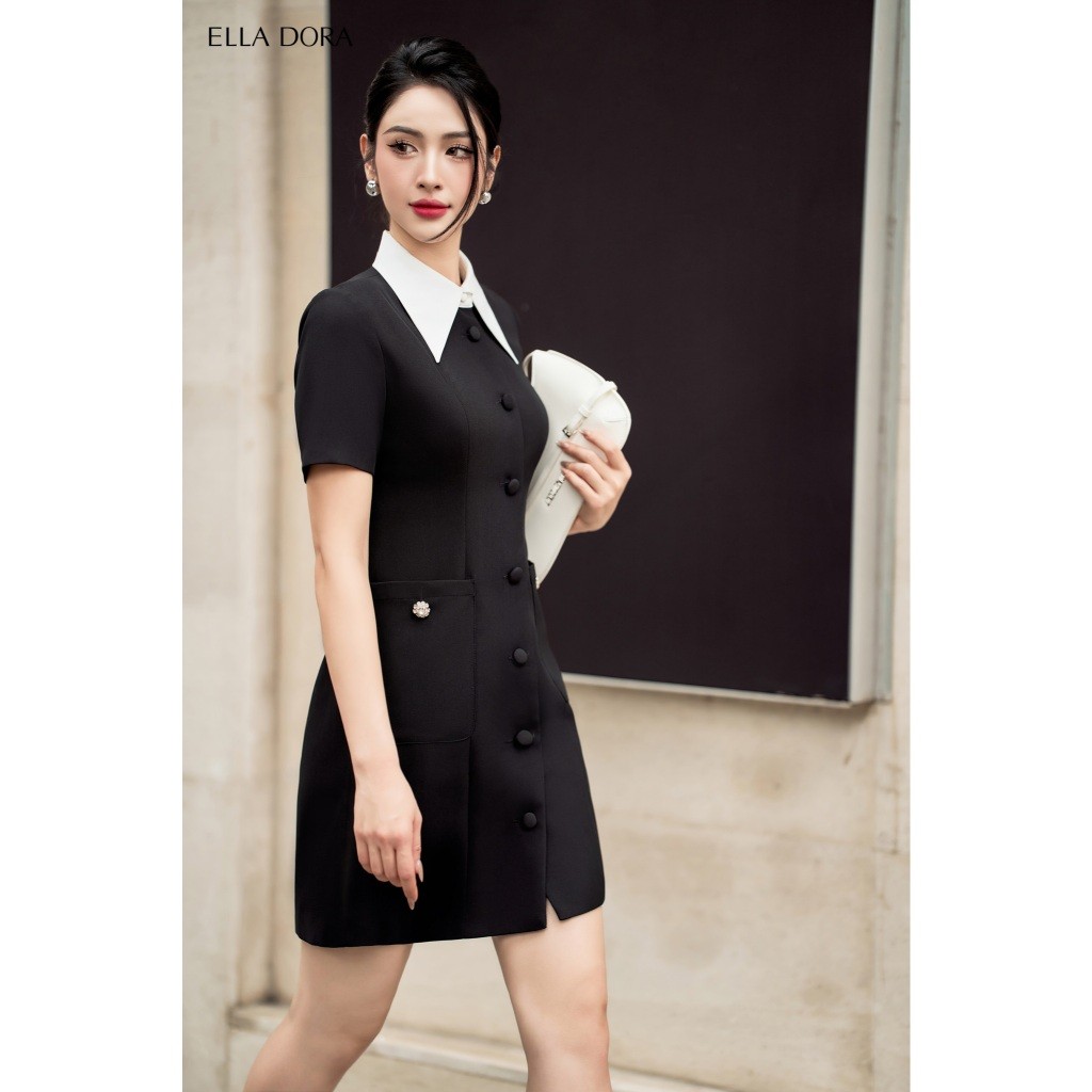 Đầm công sở ELLA DORA thiết kể ôm nhẹ tay ngắn cổ phối màu đen trắng thanh lịch nhẹ nhàng [D210]