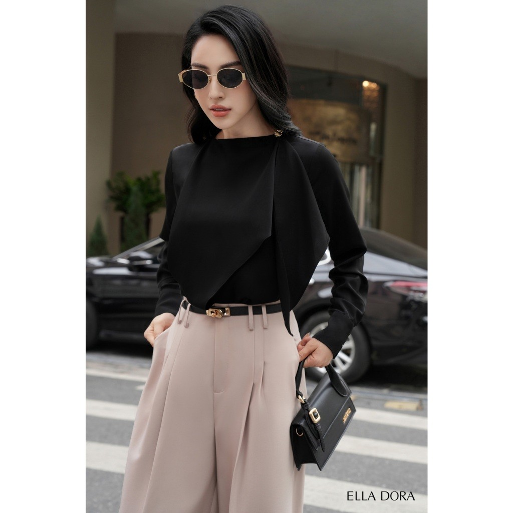 Áo sơ mi đen công sở cổ tròn 1 cúc vàng ELLA DORA form suông dài tay thanh lịch sang trọng  [SM131]
