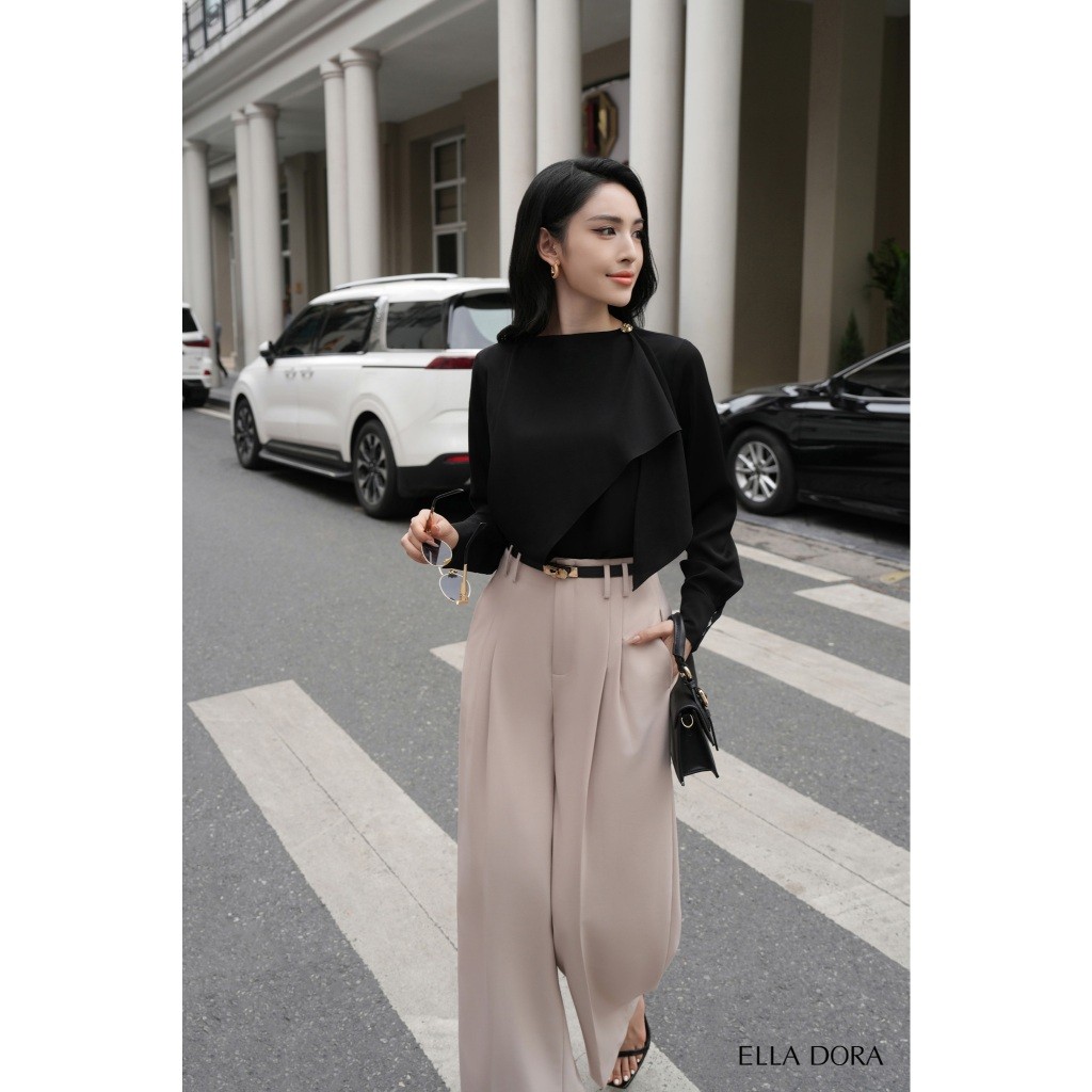 Áo sơ mi đen công sở cổ tròn 1 cúc vàng ELLA DORA form suông dài tay thanh lịch sang trọng  [SM131]