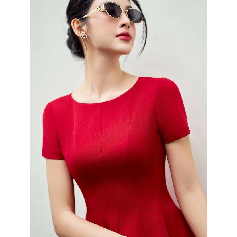 Đầm ngắn nữ ELLA DORA dáng xòe cổ tròn thiết kế thanh lịch tinh tế hai màu ĐỎ/GHI [D208]