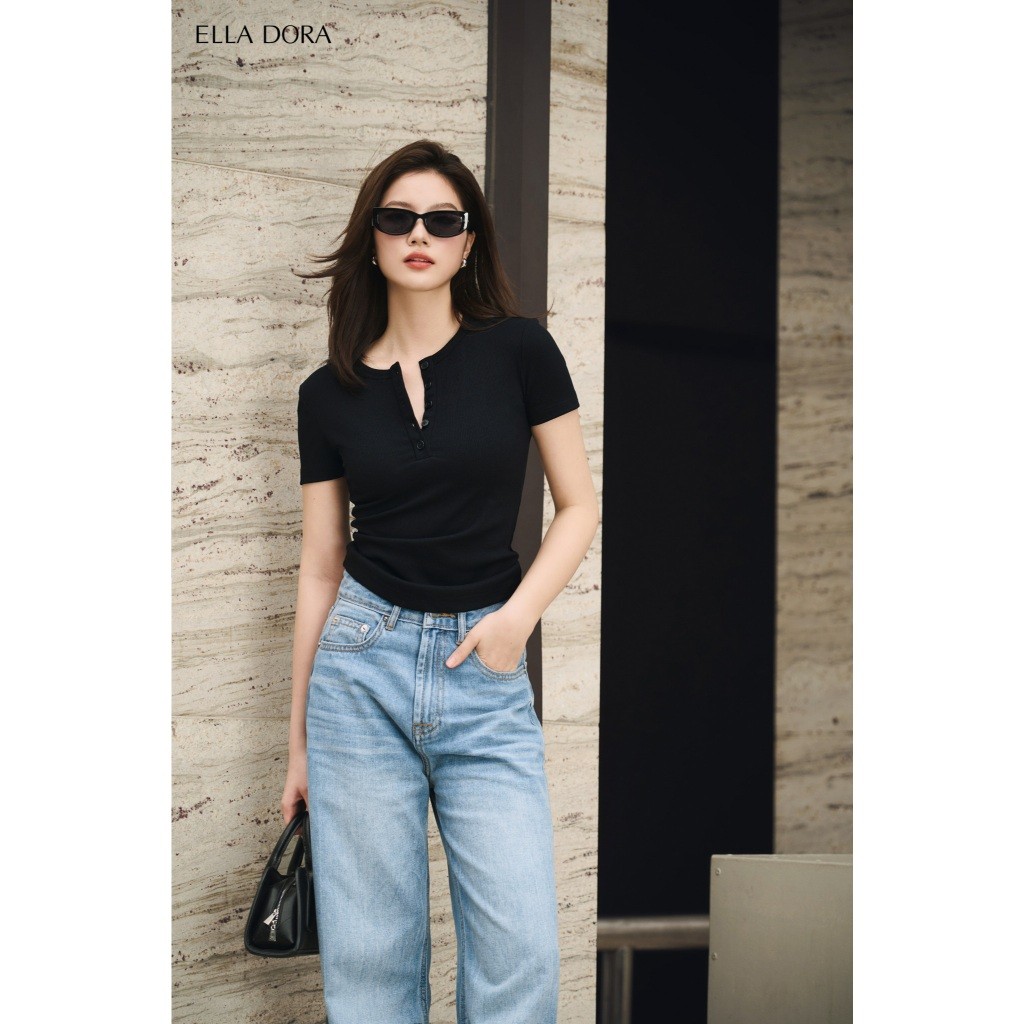 Áo thun nữ ELLA DORA mở cúc form ôm hiện đại phong cách thanh lịch 4 màu ĐỎ/ĐEN/TRẮNG/GHI [AT12]