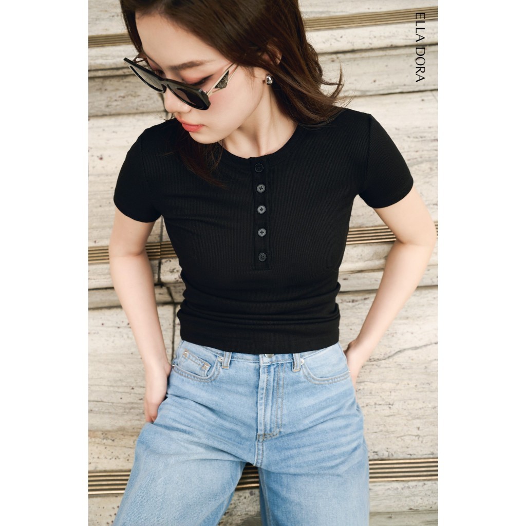 Áo thun nữ ELLA DORA mở cúc form ôm hiện đại phong cách thanh lịch 4 màu ĐỎ/ĐEN/TRẮNG/GHI [AT12]