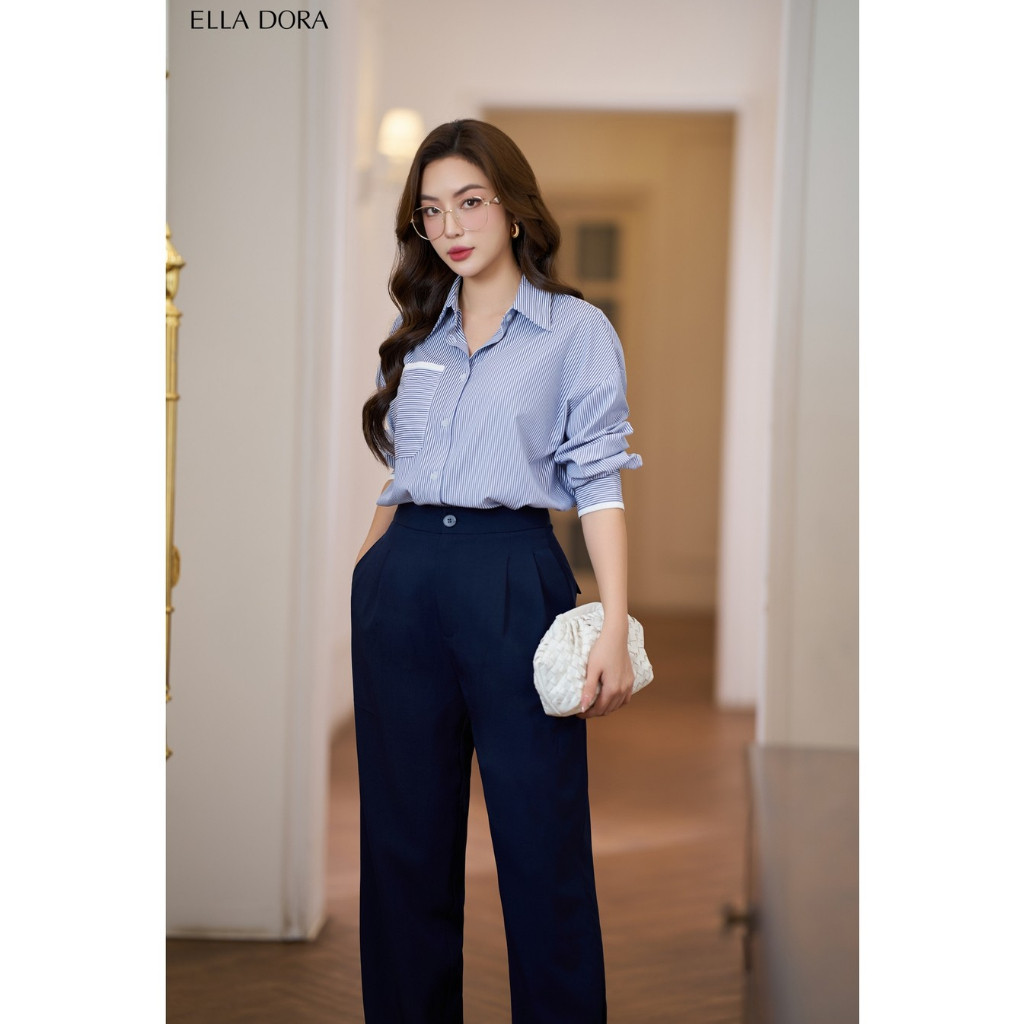 Áo sơ mi ELLA DORA thiết kế kẻ phối trắng form suông thanh lịch sang trọng phong cách công sở [SM91]