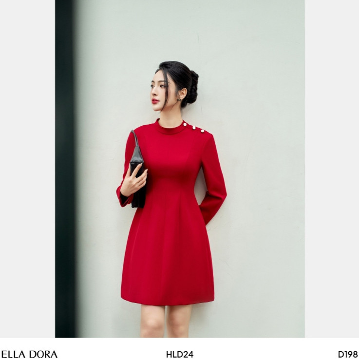 Đầm nữ ELLA DORA dáng A tay dài cổ trụ phối cúc tinh tế sang trọng phong cách công sở [D198]