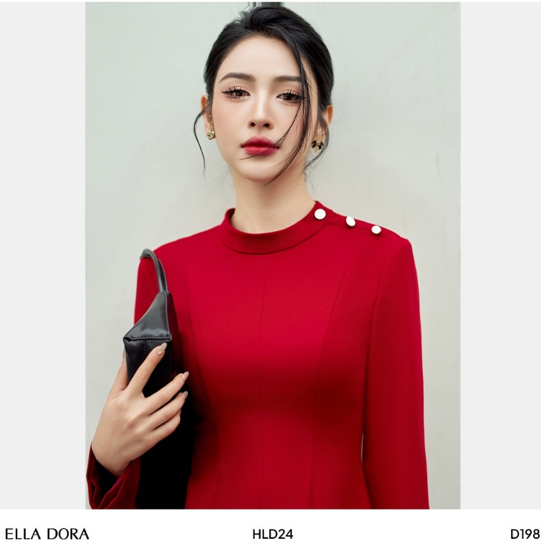 Đầm nữ ELLA DORA dáng A tay dài cổ trụ phối cúc tinh tế sang trọng phong cách công sở [D198]