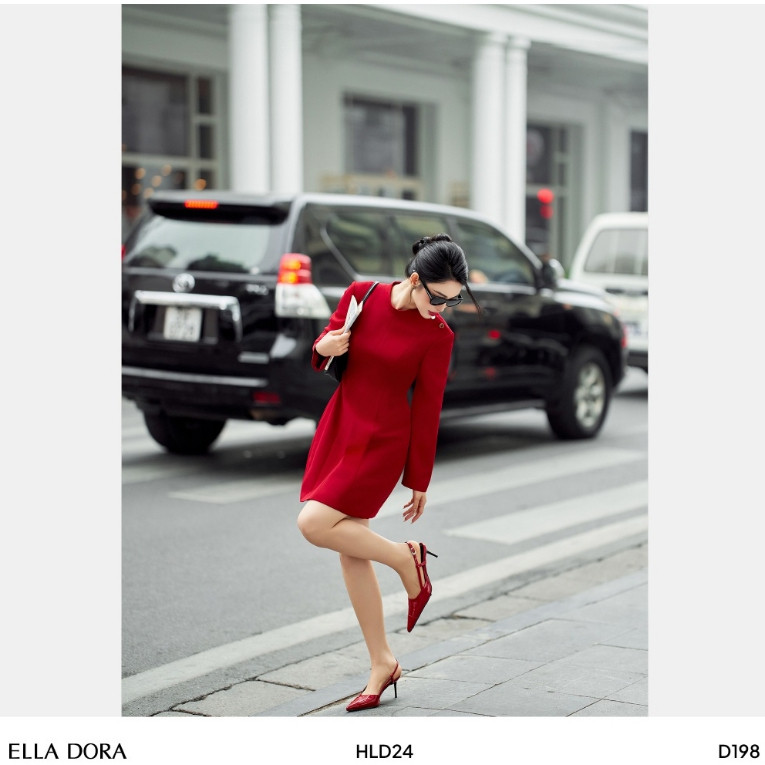 Đầm nữ ELLA DORA dáng A tay dài cổ trụ phối cúc tinh tế sang trọng phong cách công sở [D198]