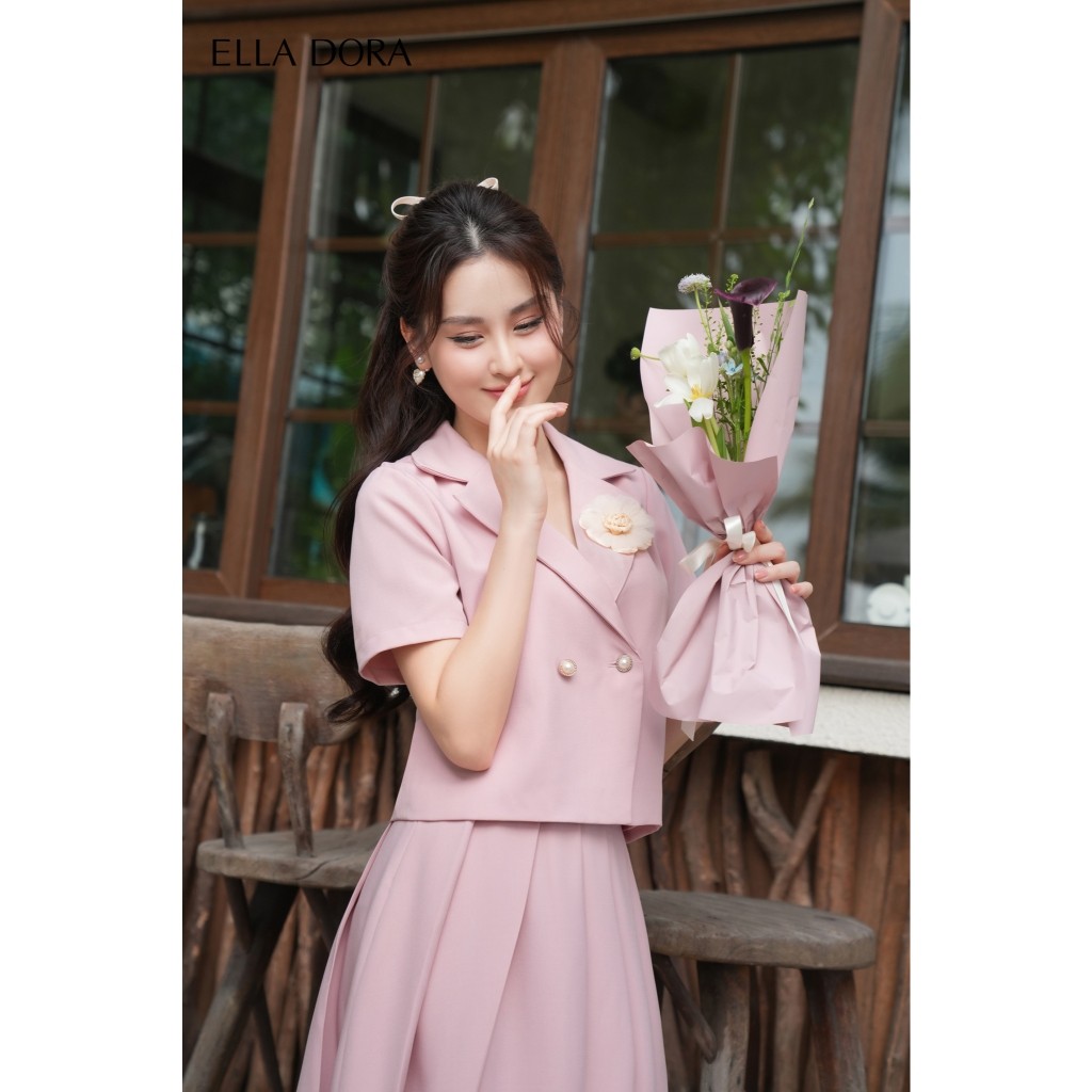 Áo công sở nữ  ELLA DORA màu HỒNG chất liệu tweed ngắn tay đứng form  tạo sự thanh lịch mặc mùa hè [KG23]